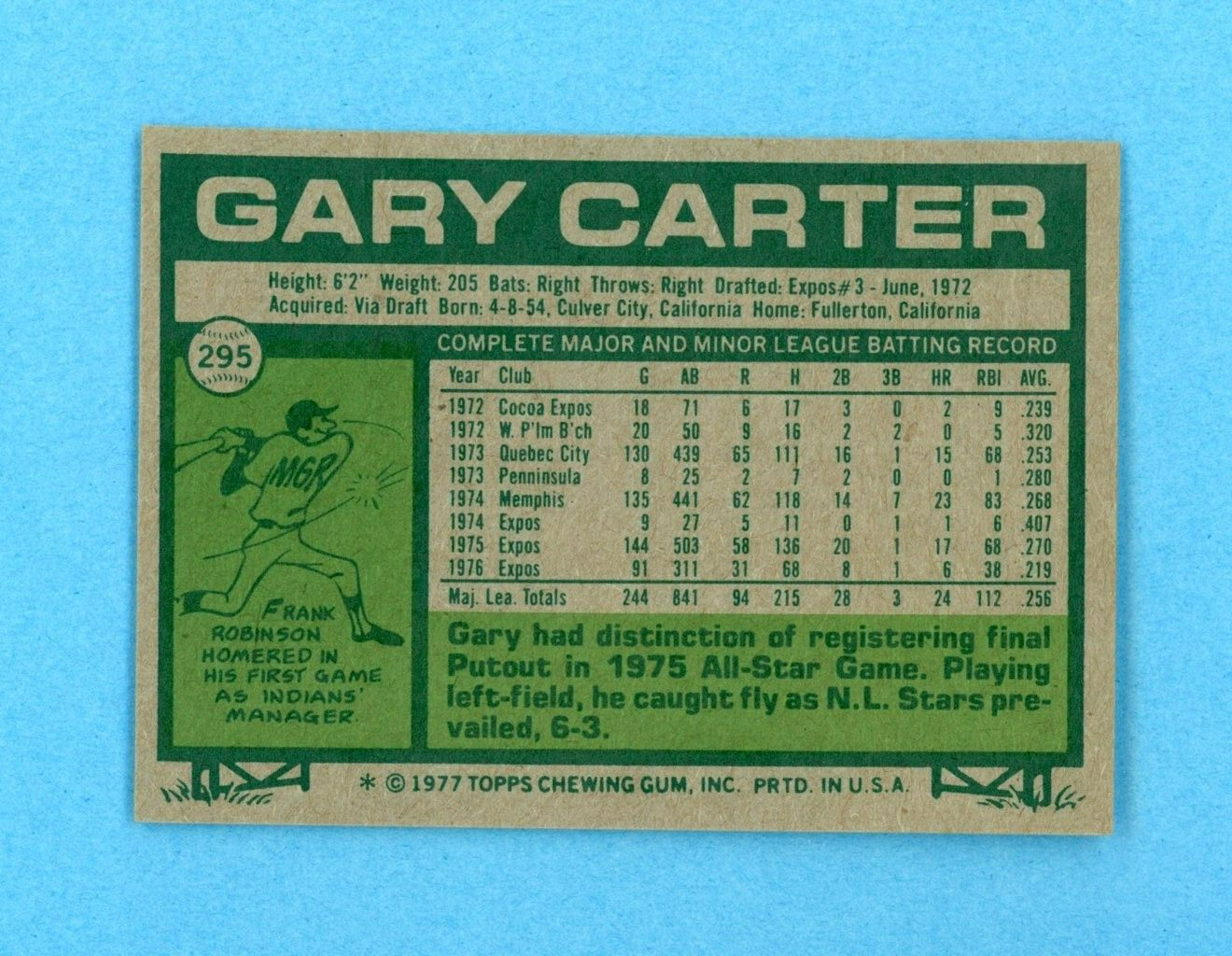 1977 Topps #295 Gary Carter Montreal Expos Baseball Card NM