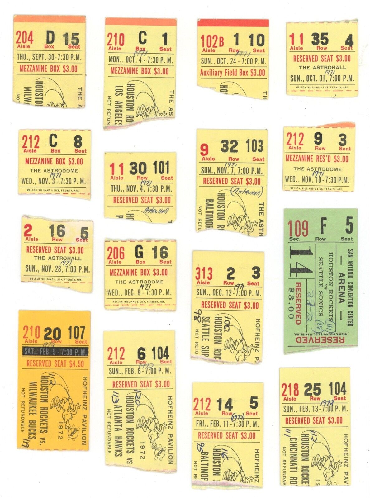 Lot of 25 Different Houston Rockets Ticket Stubs 1971-72 - 1st Year in Houston!