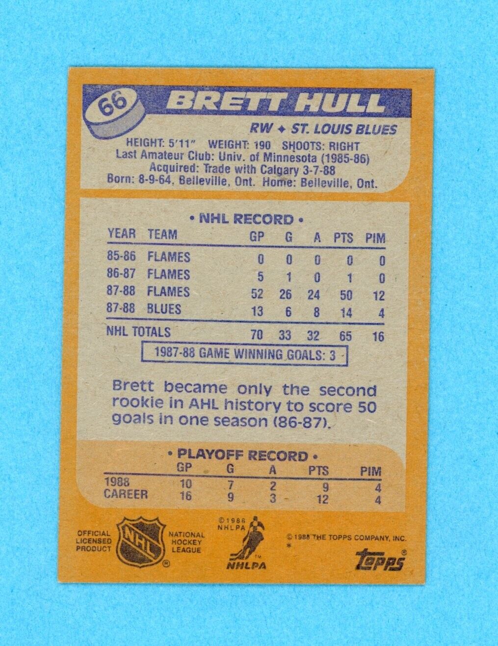 Brett Hull St. Louis Blues 1988-89 Topps #66 Autographed Rookie Hockey Card