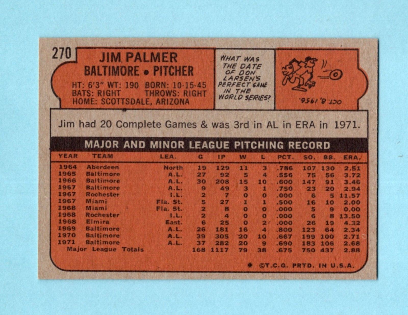 1972 Topps #270 Jim Palmer Baltimore Orioles Baseball Card NM