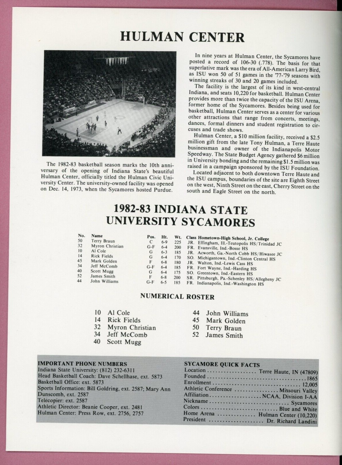 1982-83 Indiana State College Basketball Media Guide Dave Schellhase on cover