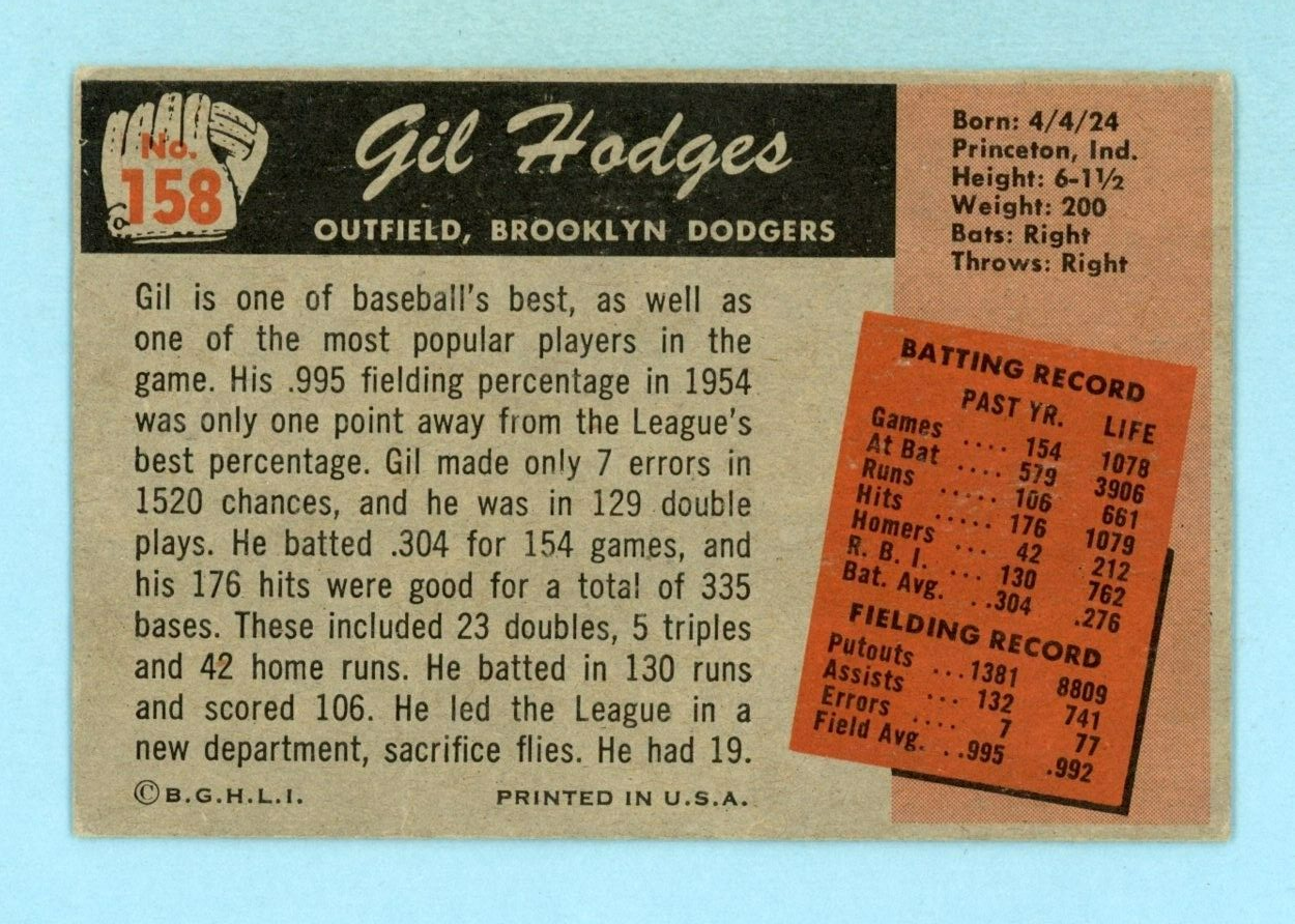 1955 Bowman #158 Gil Hodges Brooklyn Dodgers Baseball Card VG - VG+ tlw bk