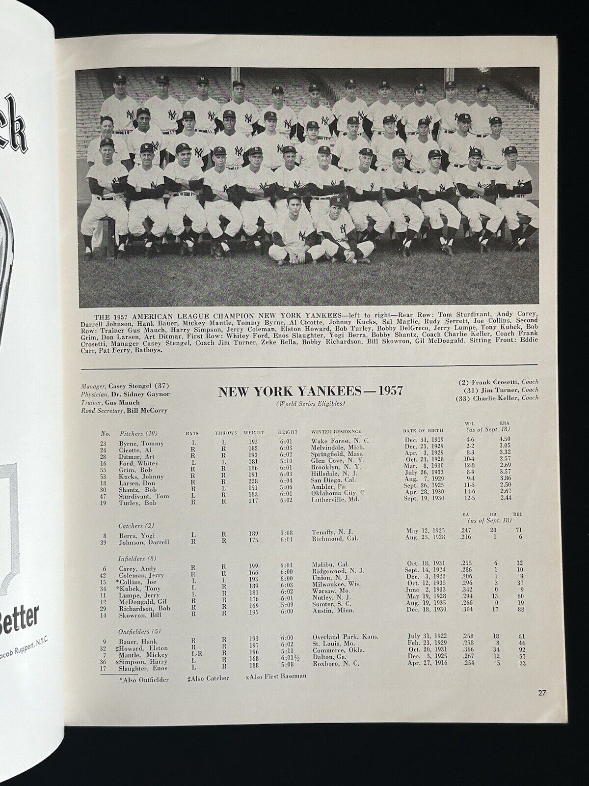 1957 New York Yankees World Series Program vs Milwaukee Braves - Unscored - EX