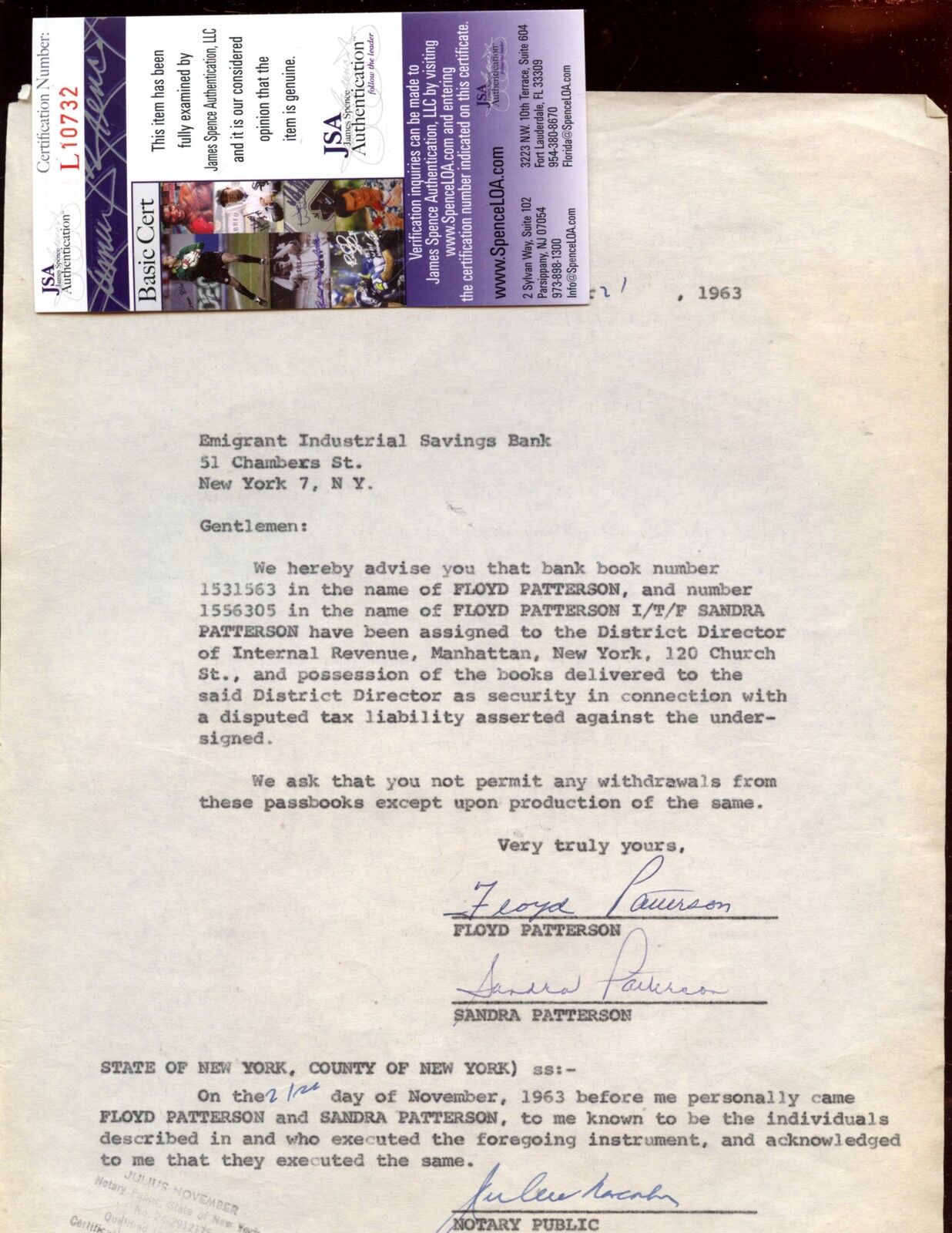 1963 Floyd Patterson Heavyweight Boxing Champion SIGNED Bank Letter w/ JSA COA