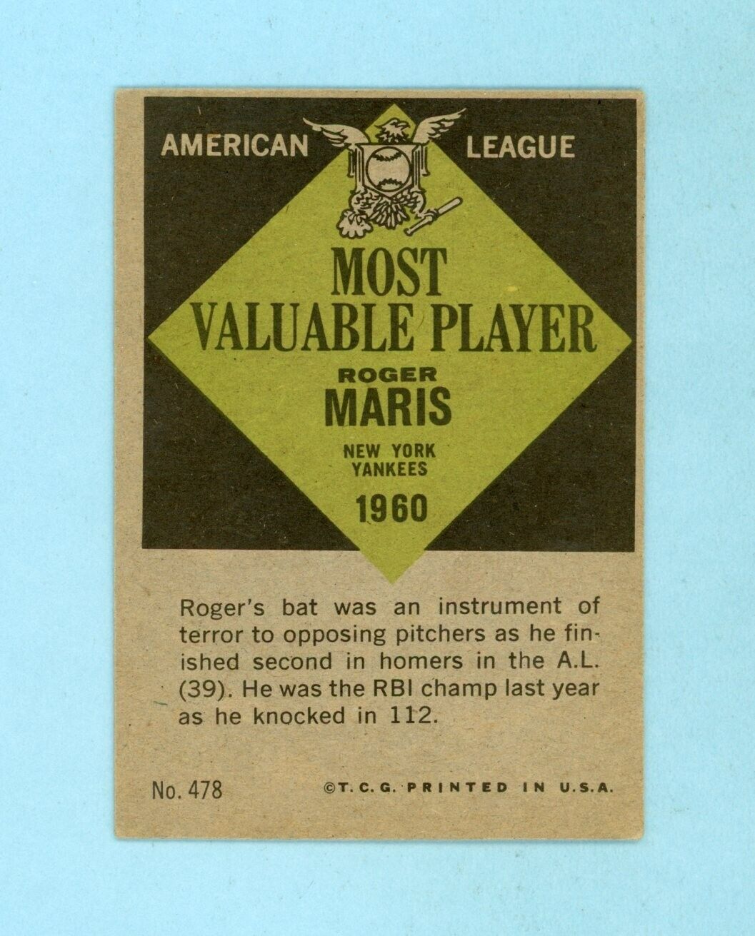 1961 Topps #478 Roger Maris MVP New York Yankees Baseball Card EX o/c pt ln lsat