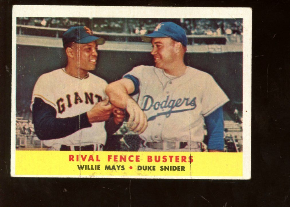 1958 Topps BB Card #436 Rival Fence Busters Willie Mays & Duke Snider EX B