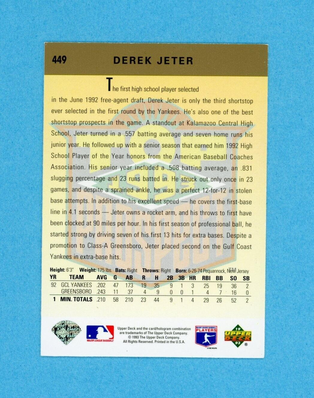 1993 Upper Deck #449 Derek Jeter New York Yankees Rookie Baseball Card NM