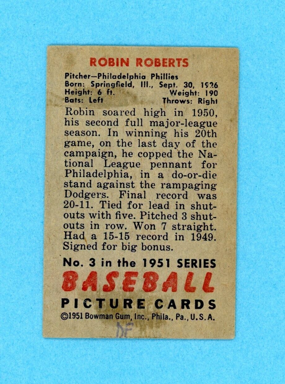 1951 Bowman #3 Robin Roberts Philadelphia Phillies Baseball Card E/E+ front pmbk