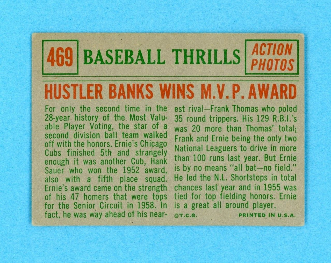 1959 Topps #469 Baseball Thrills Ernie Banks Chicago Cubs Baseball Card V/E lwtl