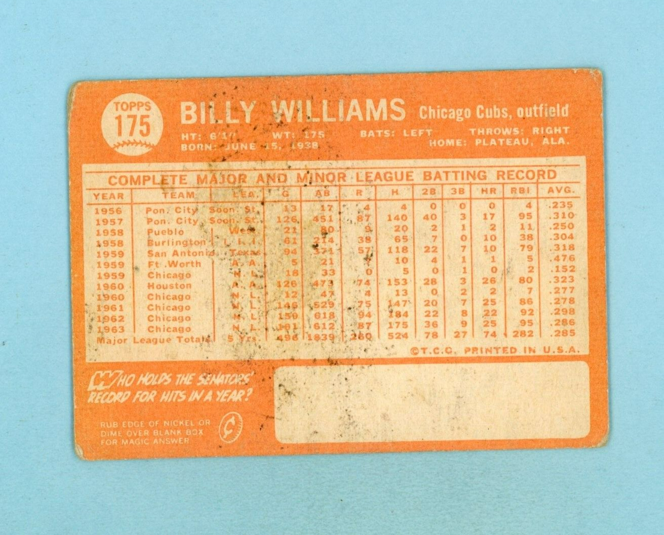 1964 Topps #175 Billy Williams Chicago Cubs Baseball Card Low Grade