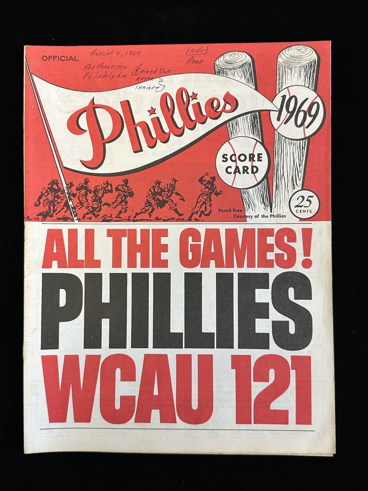 Aug 4 1969 Philadelphia Phillies Baseball Program vs SF Giants Scored / Rainout