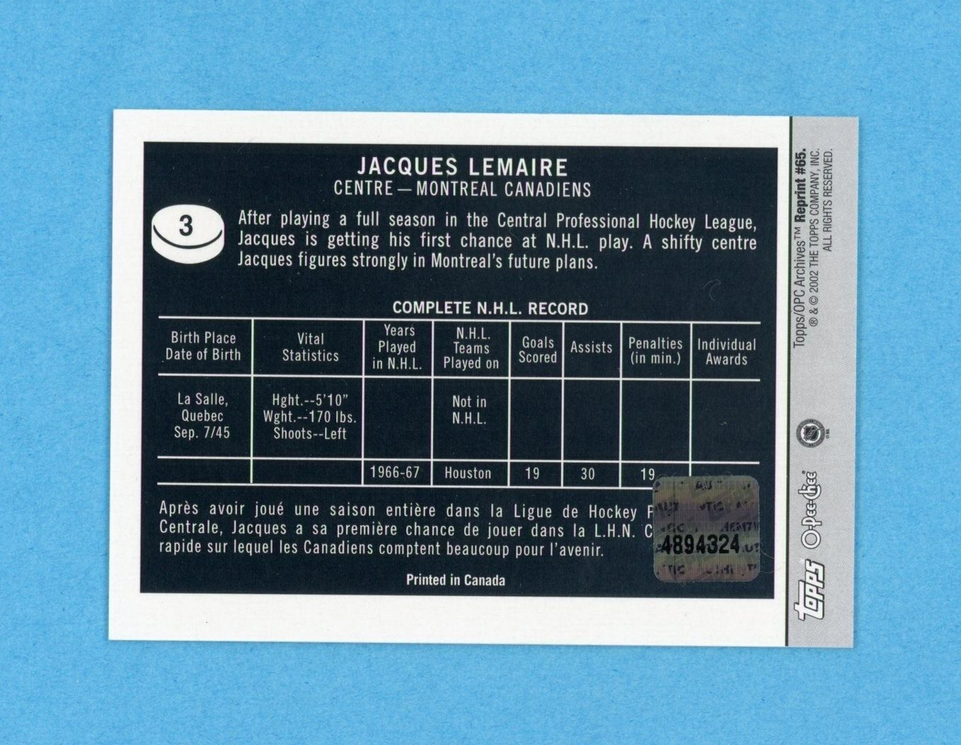 Jacques Lemaire 2001-02 Topps/OPC Archives #65 Certified Autographed Hockey Card