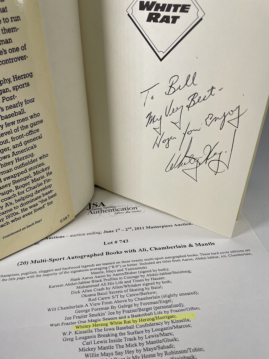 Whitey Herzog Signed Inscribed Book “White Rat” Auto w B&E Hologram + JSA