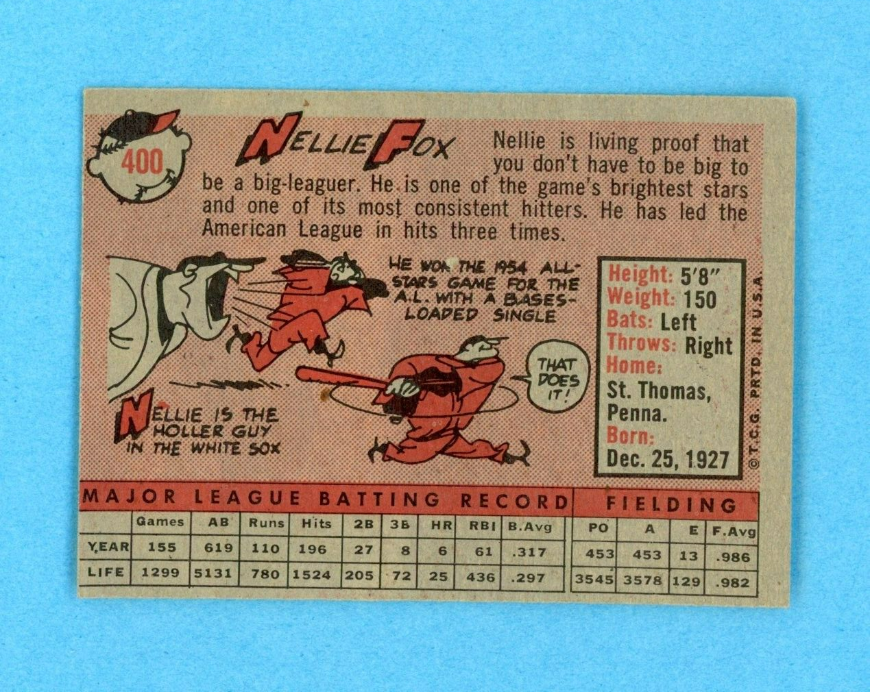 1958 Topps #400 Nellie Fox Chicago White Sox Baseball Card Ex/Mt o/c