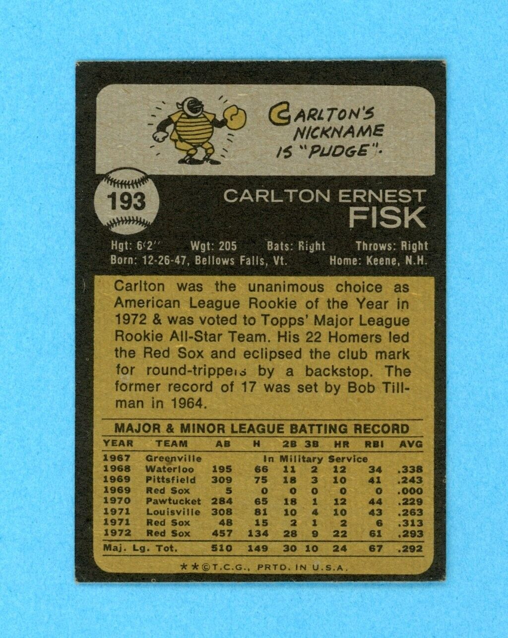 1973 Topps #193 Carlton Fisk Boston Red Sox Baseball Card EX+