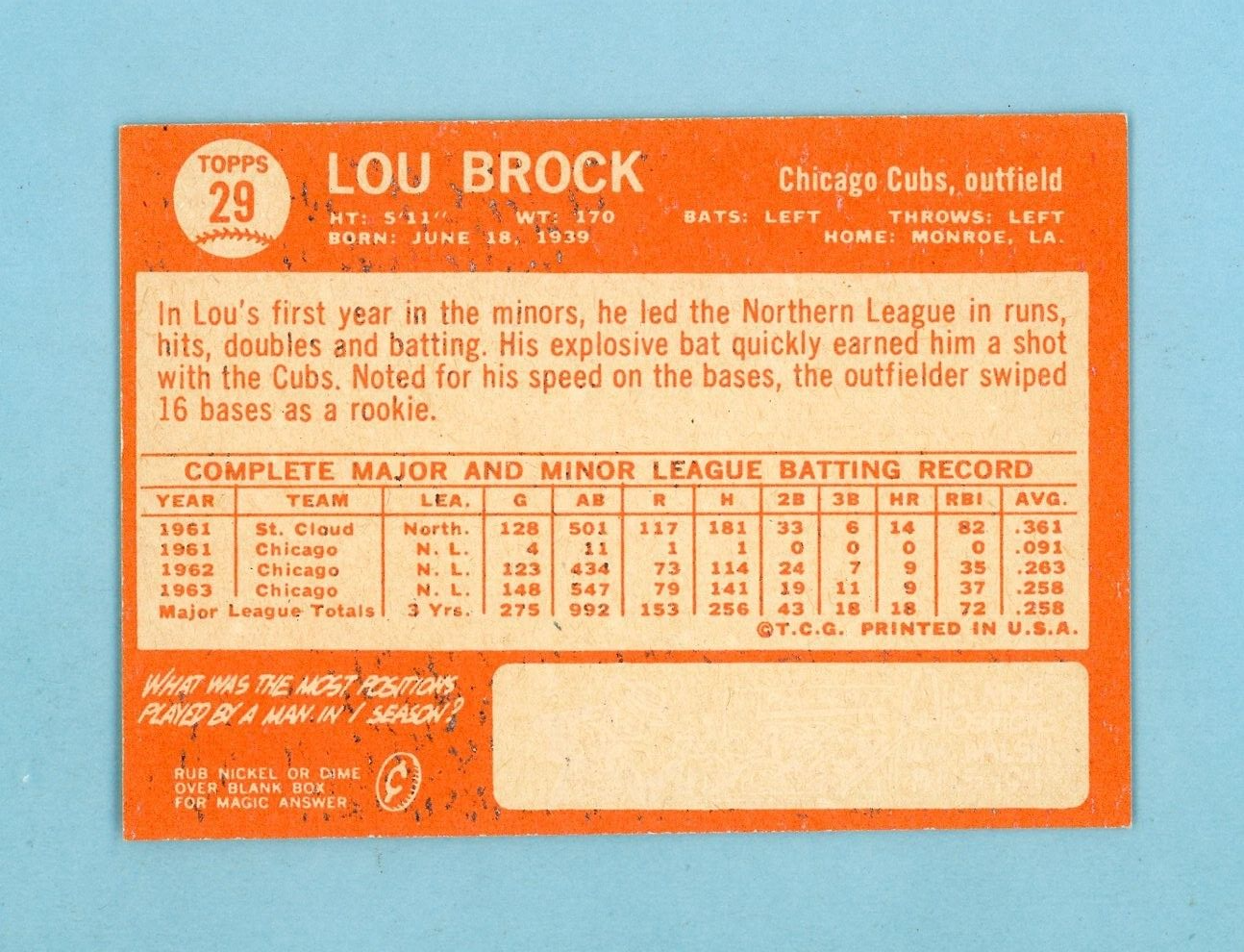 1964 Topps #29 Lou Brock Chicago Cubs Baseball Card NM prt isu