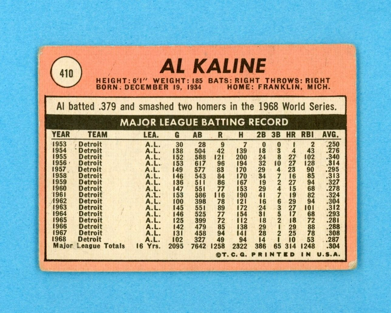 1969 Topps #410 Al Kaline Detroit Tigers Baseball Card Low Grade