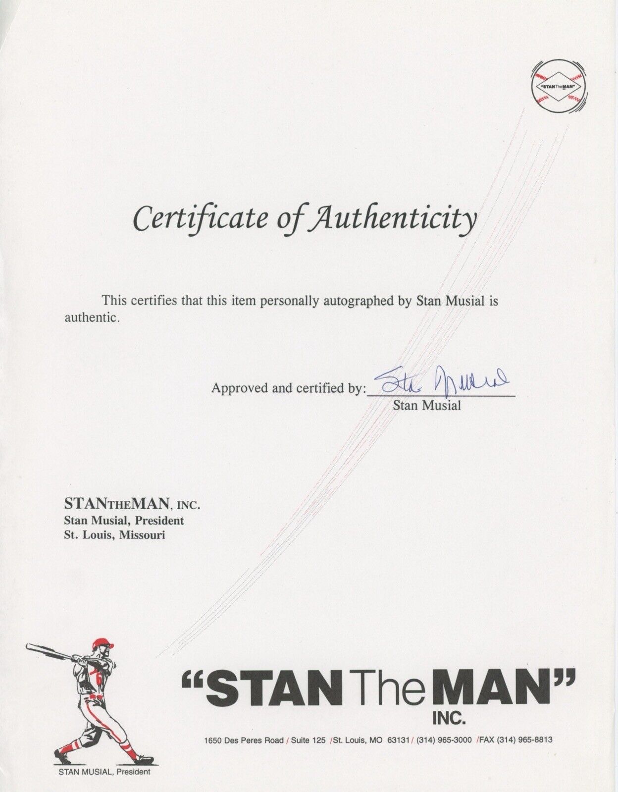 Stan Musial Lot of 3 Signed "Stan the Man" Letters of Authenticity • Auto