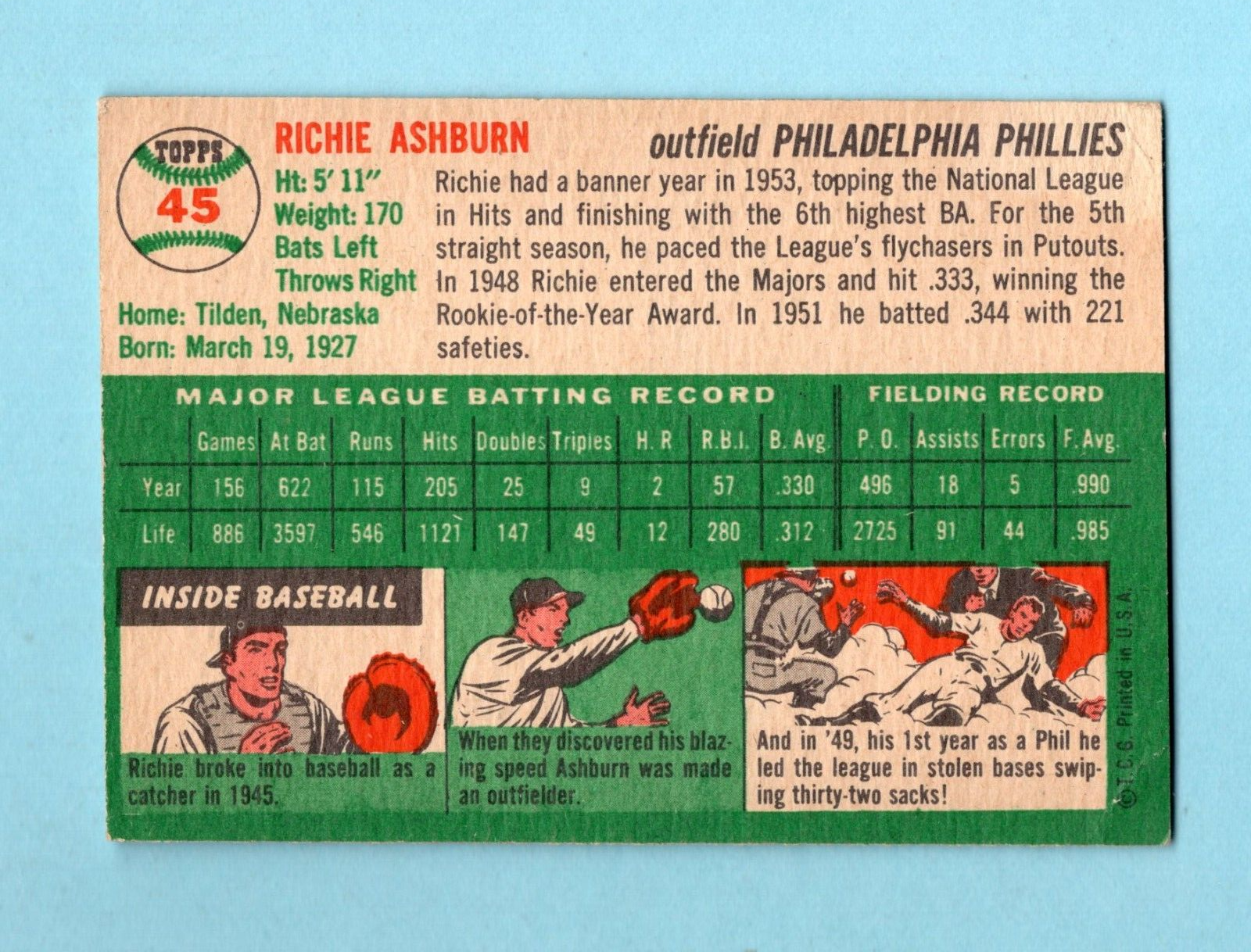 1954 Topps #45 Richie Ashburn Phila Phillies Baseball Card EX+ app wrk/cres brc