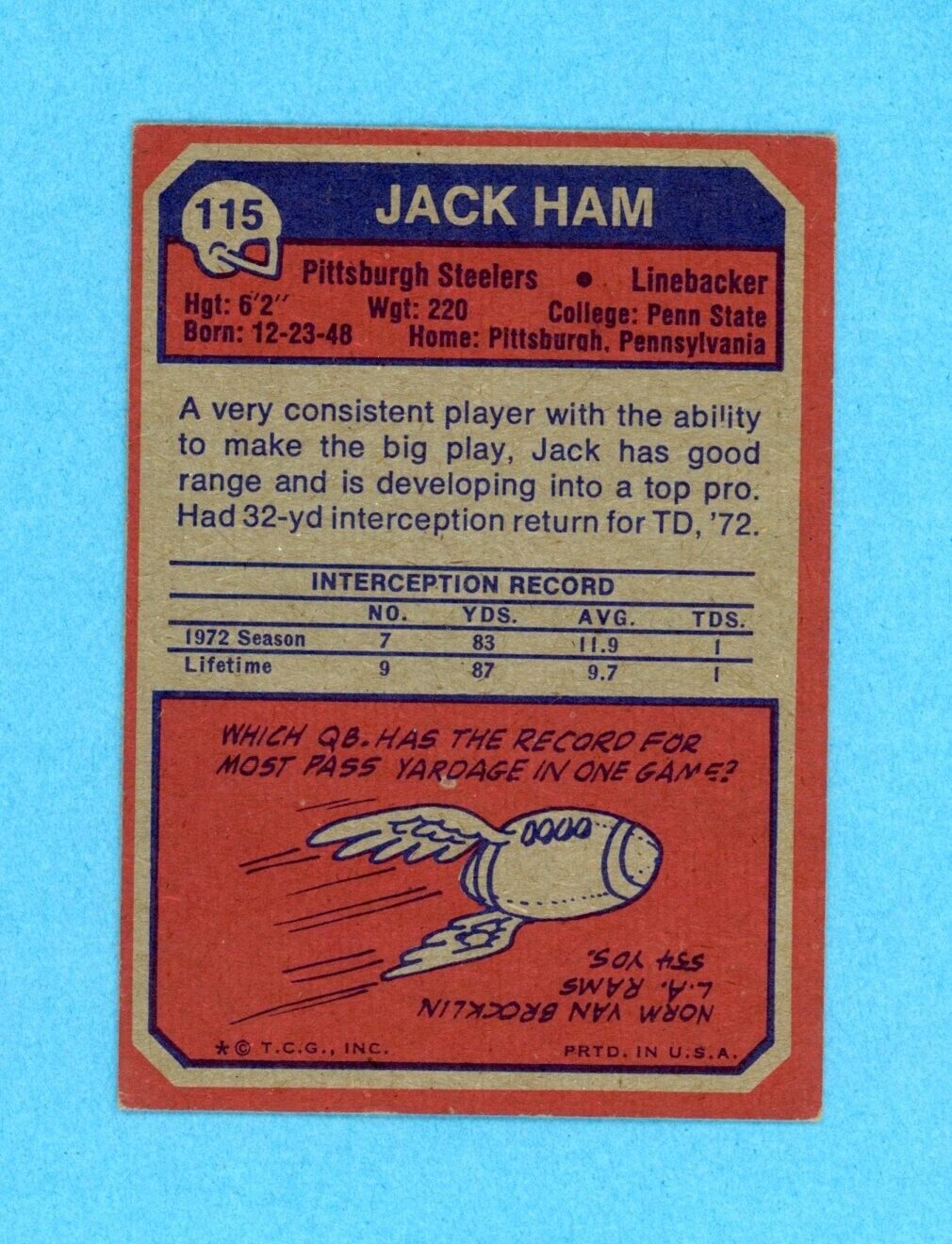 Jack Ham Pittsburgh Steelers Rookie 1973 Topps #115 Autographed Football Card