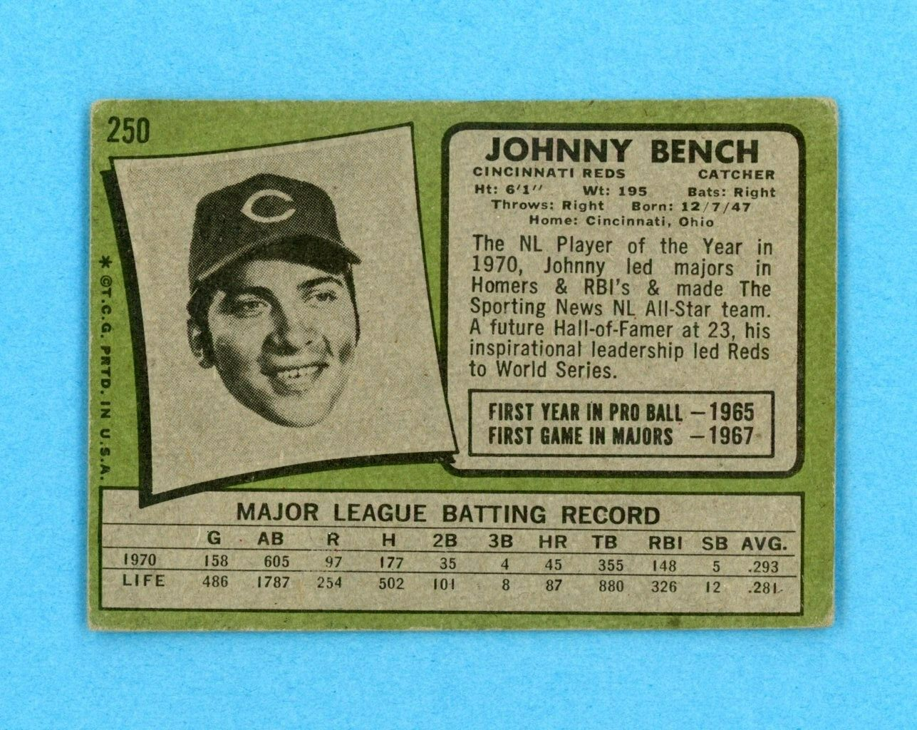 1971 Topps #250 Johnny Bench Cincinnati Reds Baseball Card VG