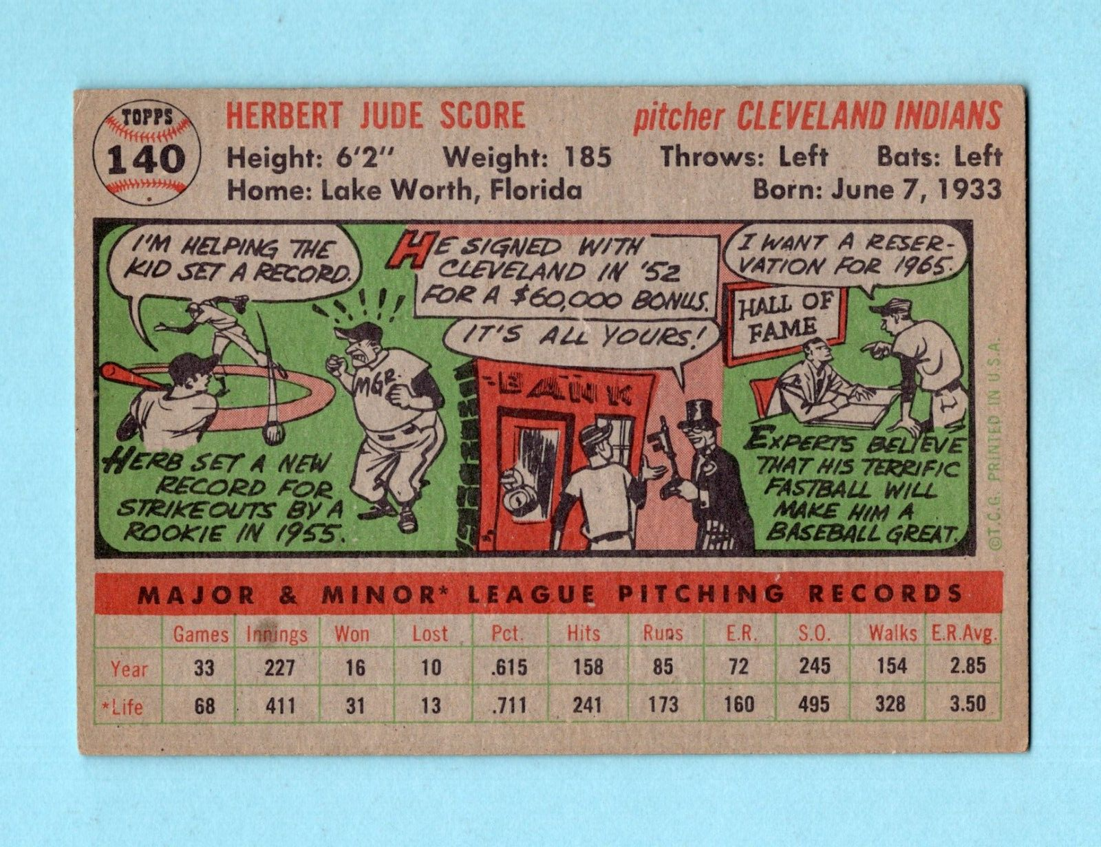 1956 Topps #140 Herb Score Cleveland Indians Rookie Baseball Card Ex-Ex+