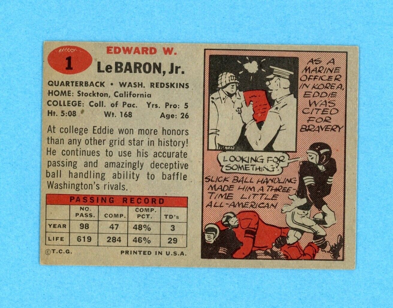 Eddie Lebaron 1957 Topps  Card #1 Auto with B&E Hologram