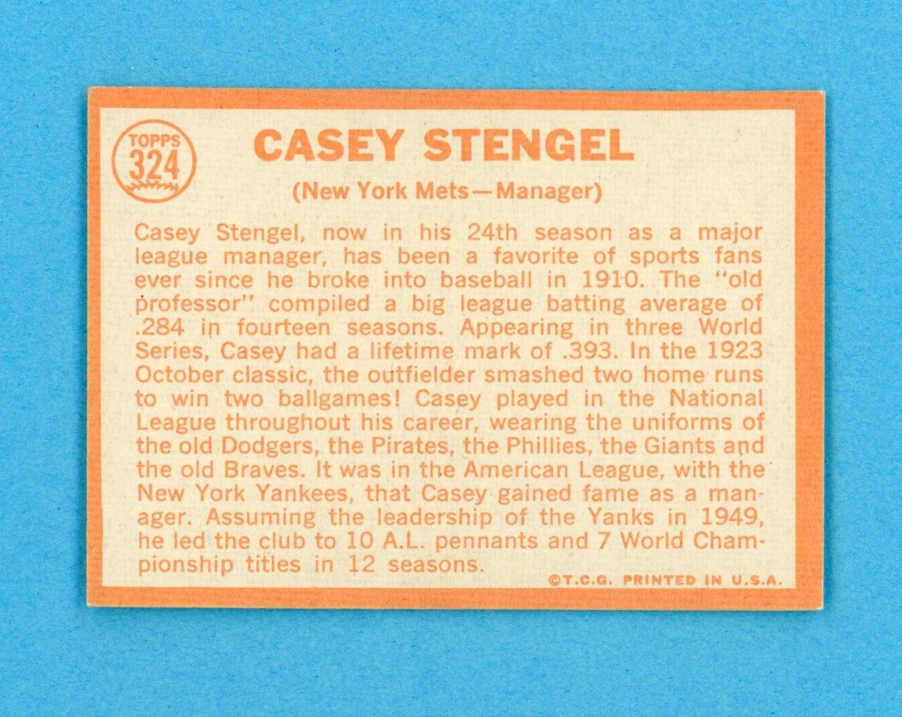 1964 Topps #324 Casey Stengel New York Mets Baseball Card EX