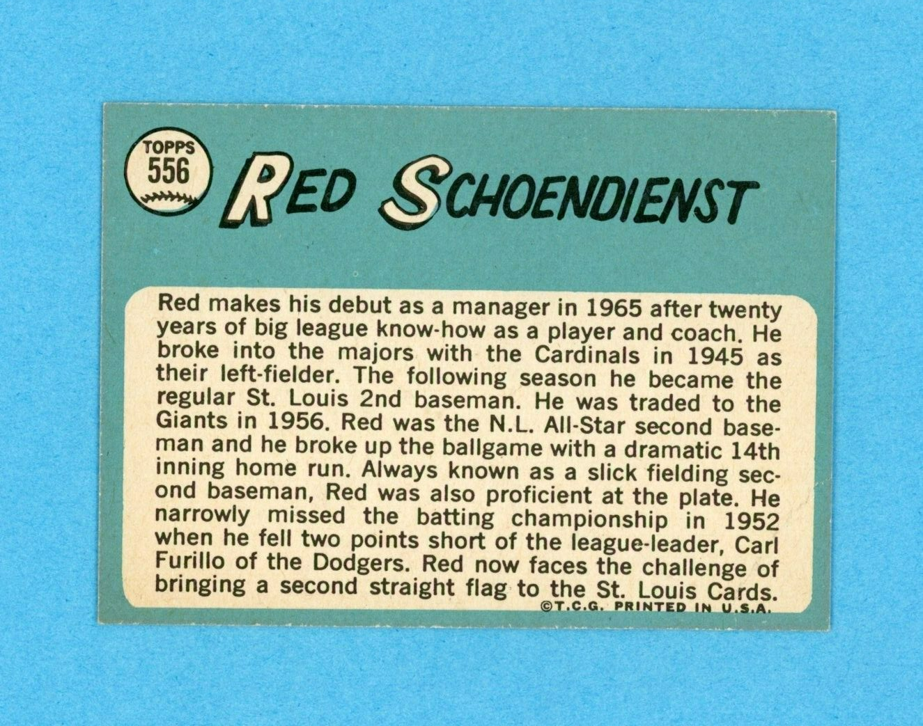 1965 Topps #556 Red Schoendienst St. Louis Cardinals Baseball Card E/M ap cres