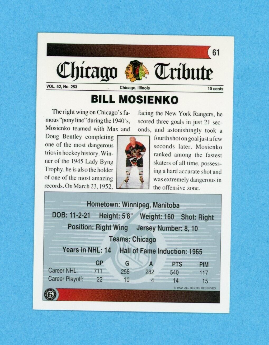 Bill Mosienko Blk Hawks 1991-92 Ultimate original 6 #61 Autographed Hockey Card