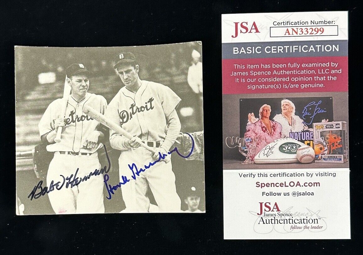 Babe Herman & Hank Greenberg Detroit Tigers DUAL SIGNED 4x4 B&W Photo JSA COA