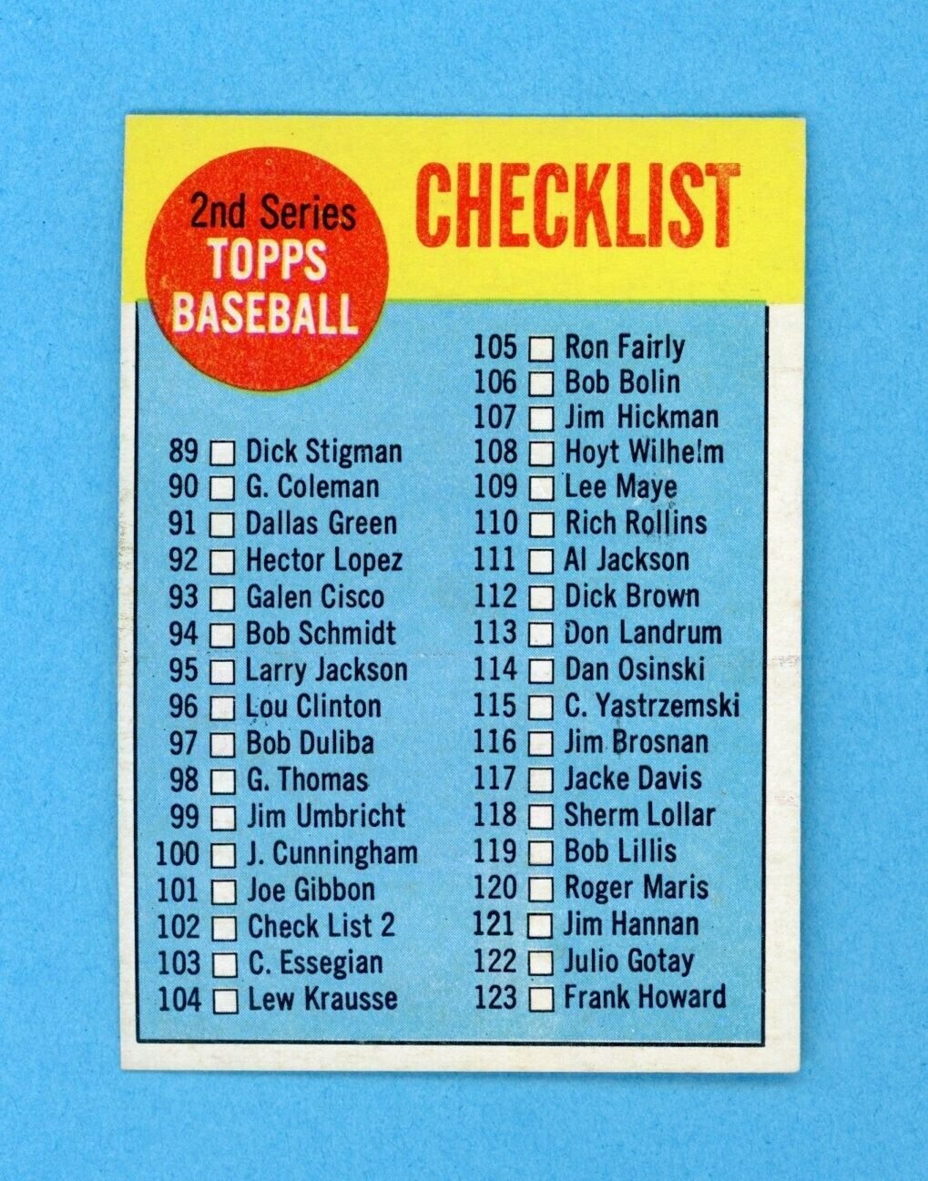 1963 Topps #102 2nd Series Checklist Baseball Card NM unchecked