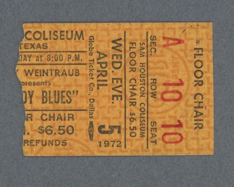 4/5/72 • Moody Blues • Houston TX Concert Ticket Stub • Seat 10