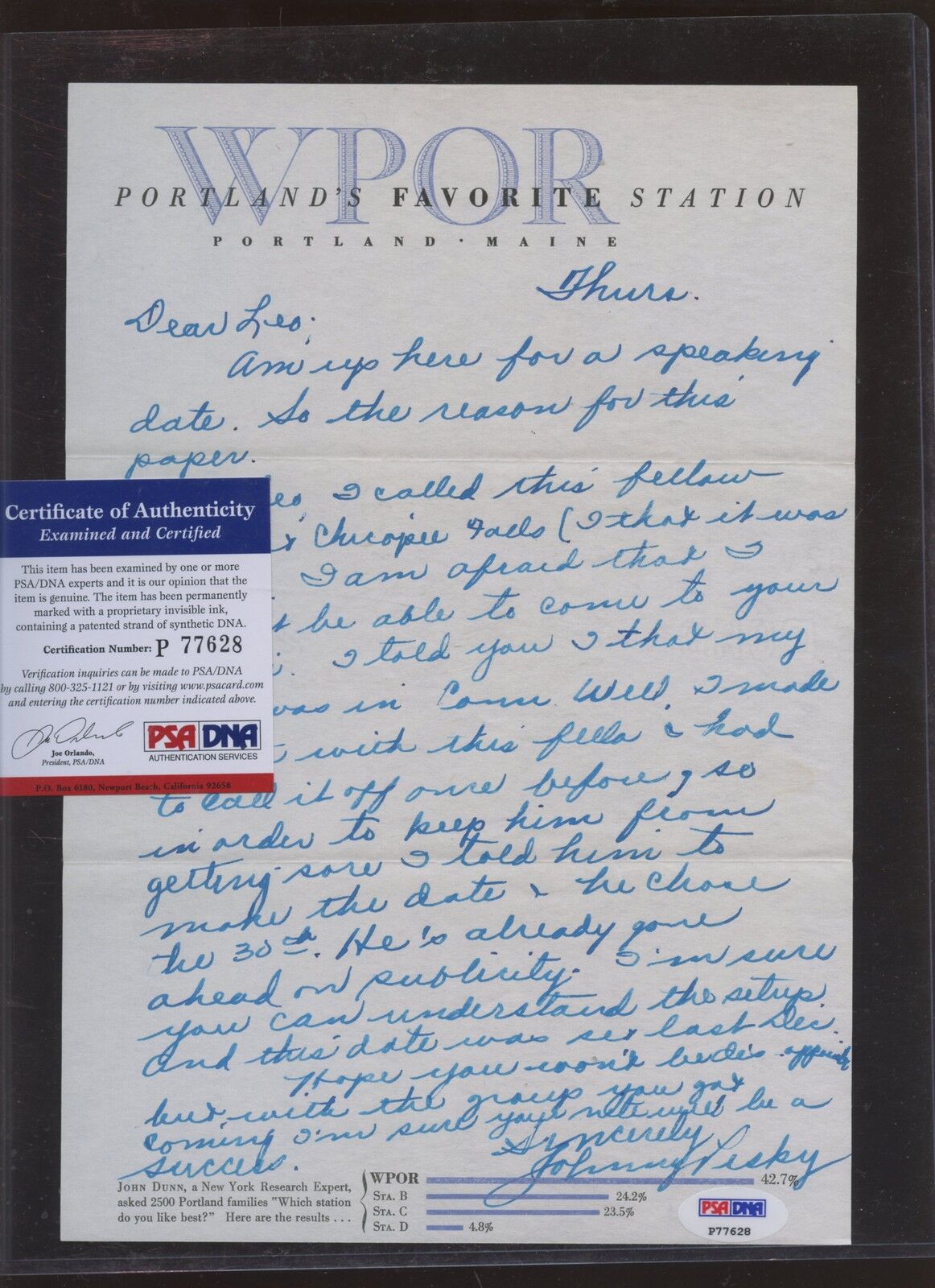 Vintage Johnny Pesky WPOR Radio Portland Maine Signed Letter PSA/DNA