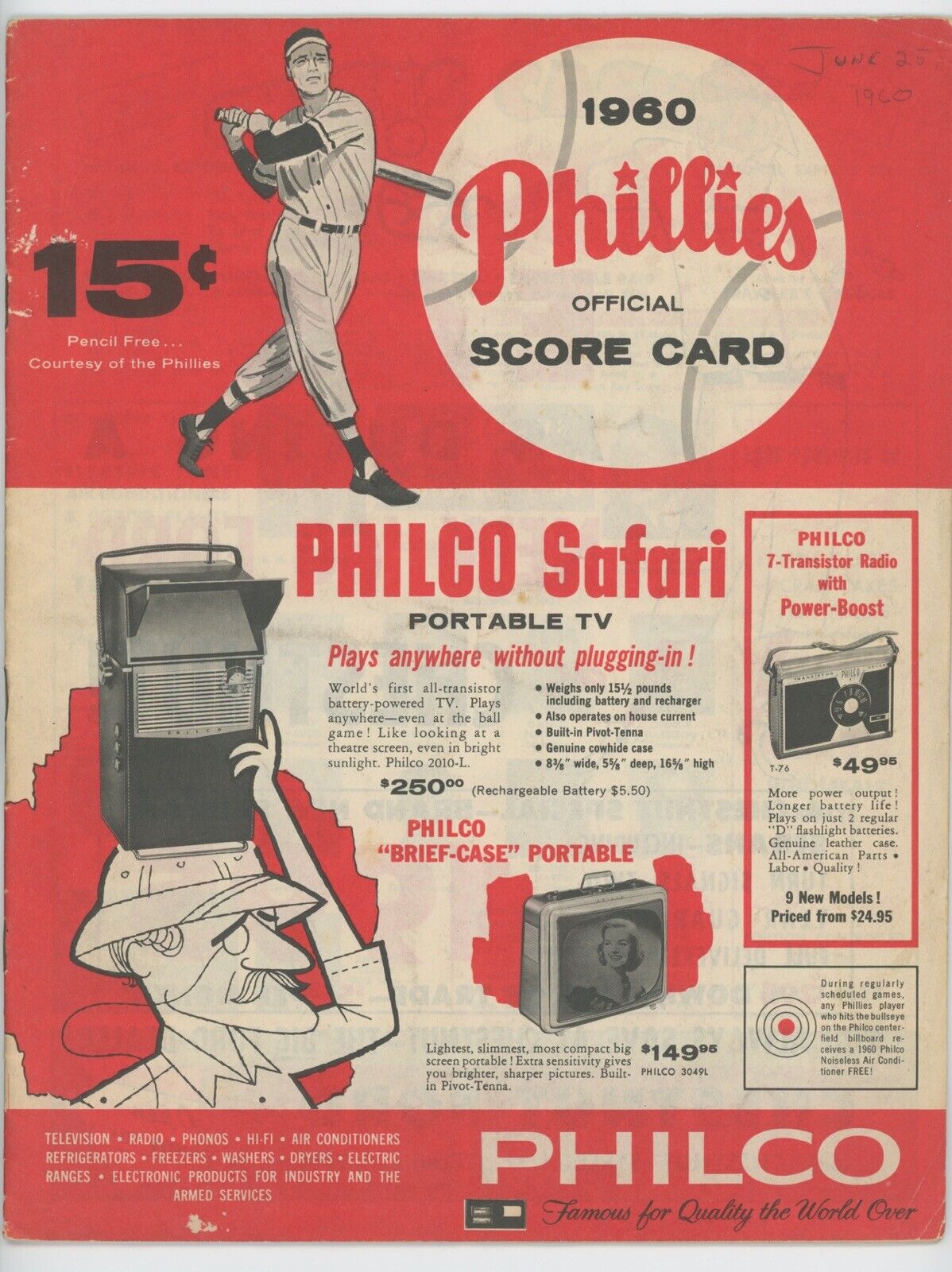 June 25, 1960 Philadelphia Phillies Scorecard / Program vs Cardinals Unscored