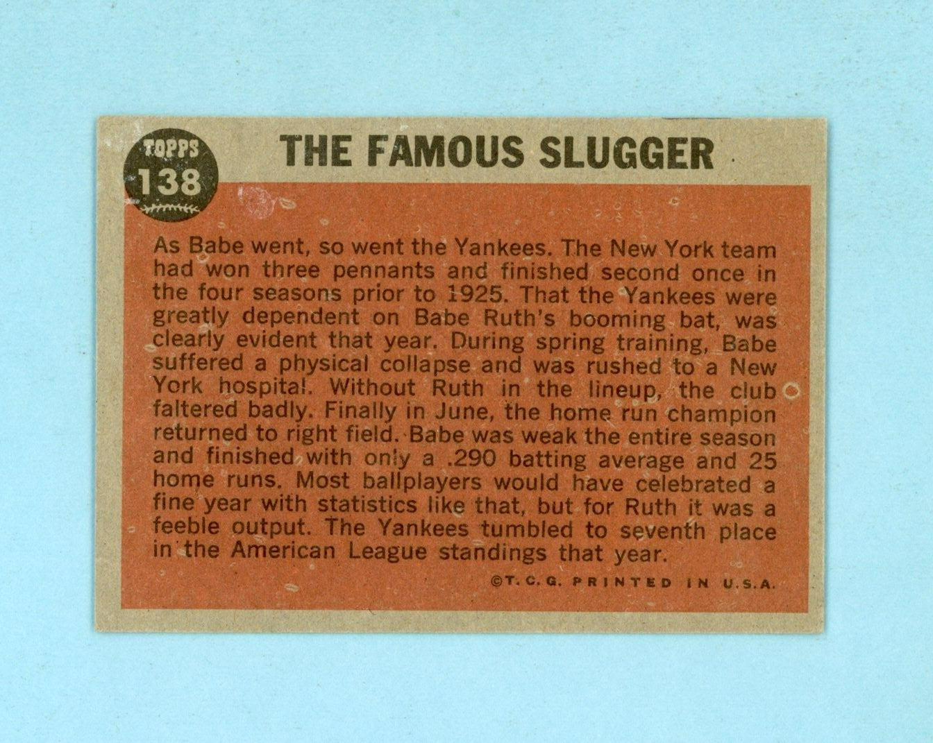 1962 Topps #138 Babe Ruth Special The Famous Slugger Baseball Card E+ ap lwc gt