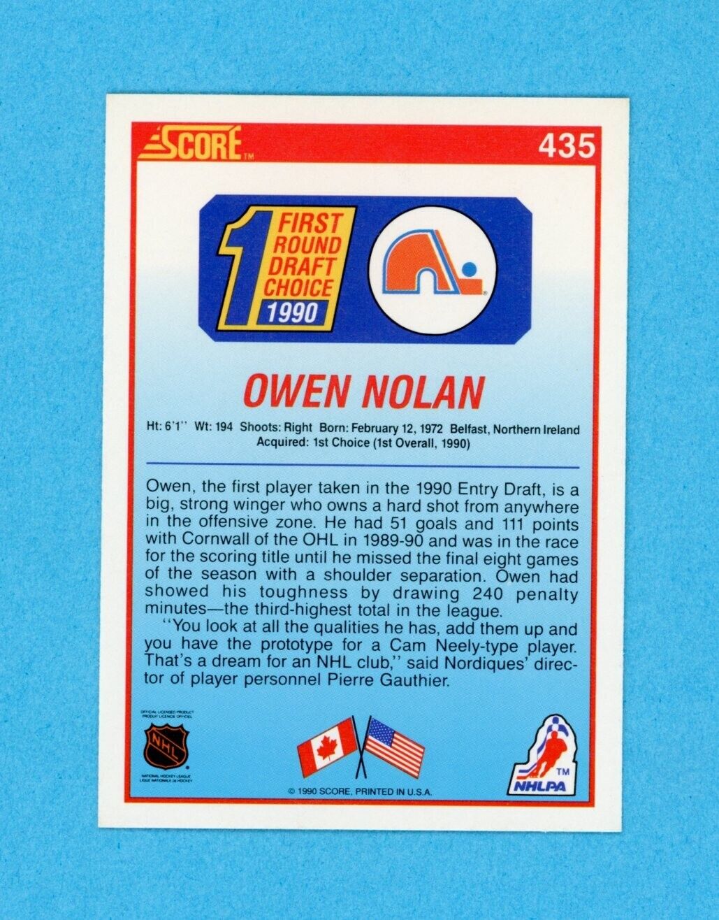 Owen Nolan Quebec Nordiques 1990-91 Score #435 Autographed Rookie Hockey Card