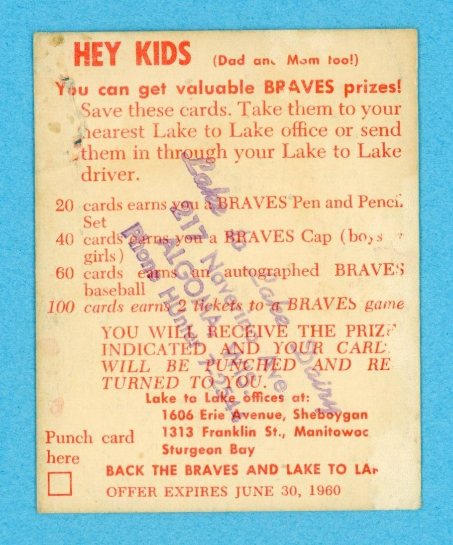 1960 Lake To Lake Del Crandall Milwaukee Braves Baseball Card Low Grade