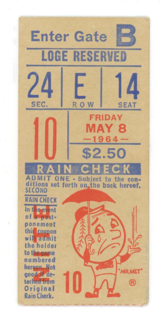 May 8, 1964 New York Mets Ticket Stub vs St. Louis Cardinals