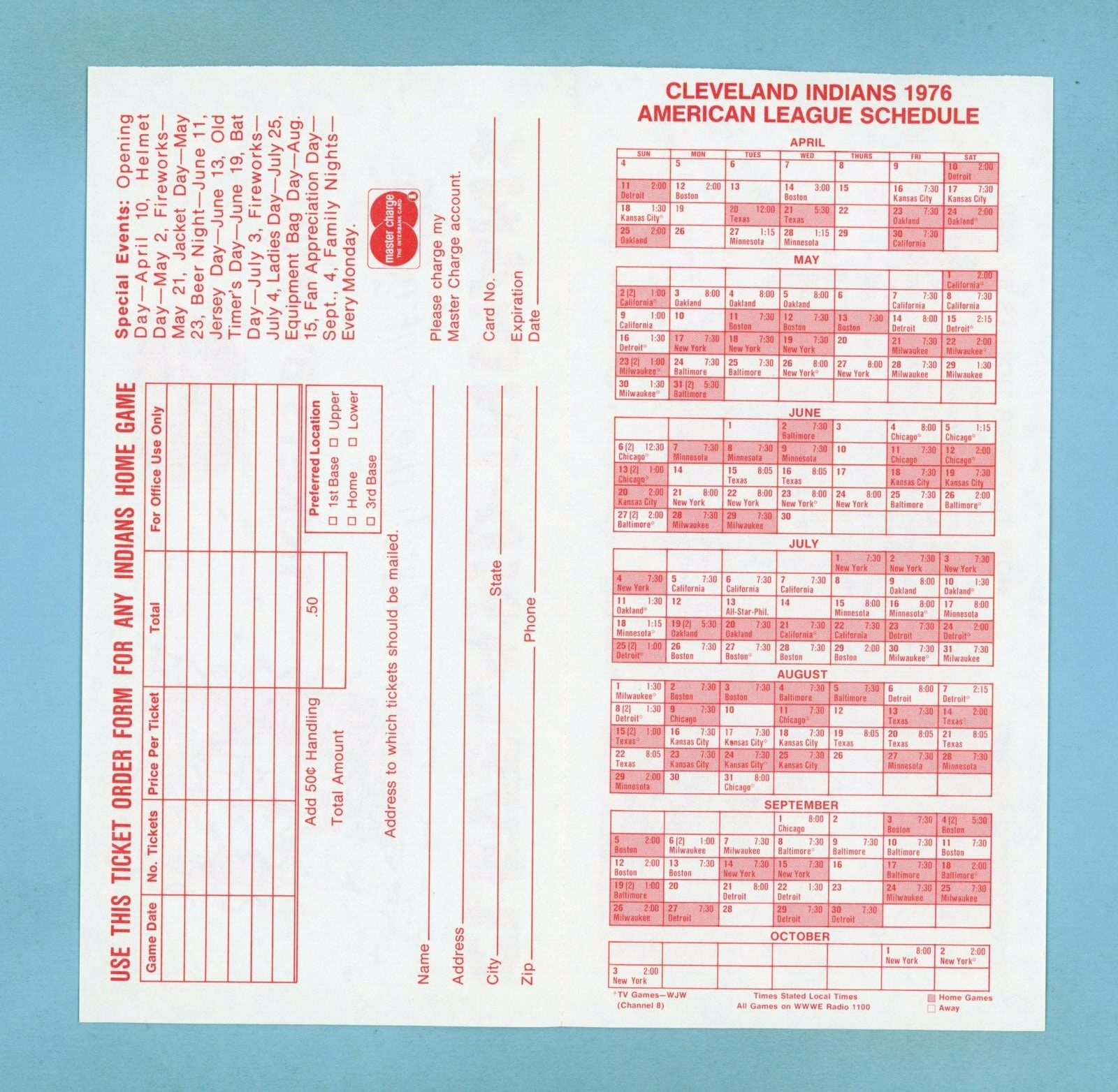 1976 Cleveland Indians Schedule & Ticket Request Pamphlet