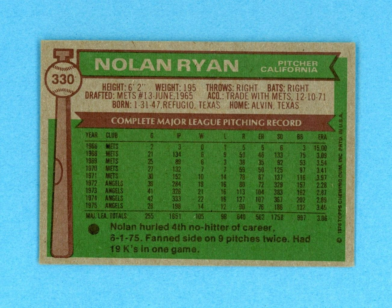 1976 Topps #330 Nolan Ryan California Angels Baseball Card EX