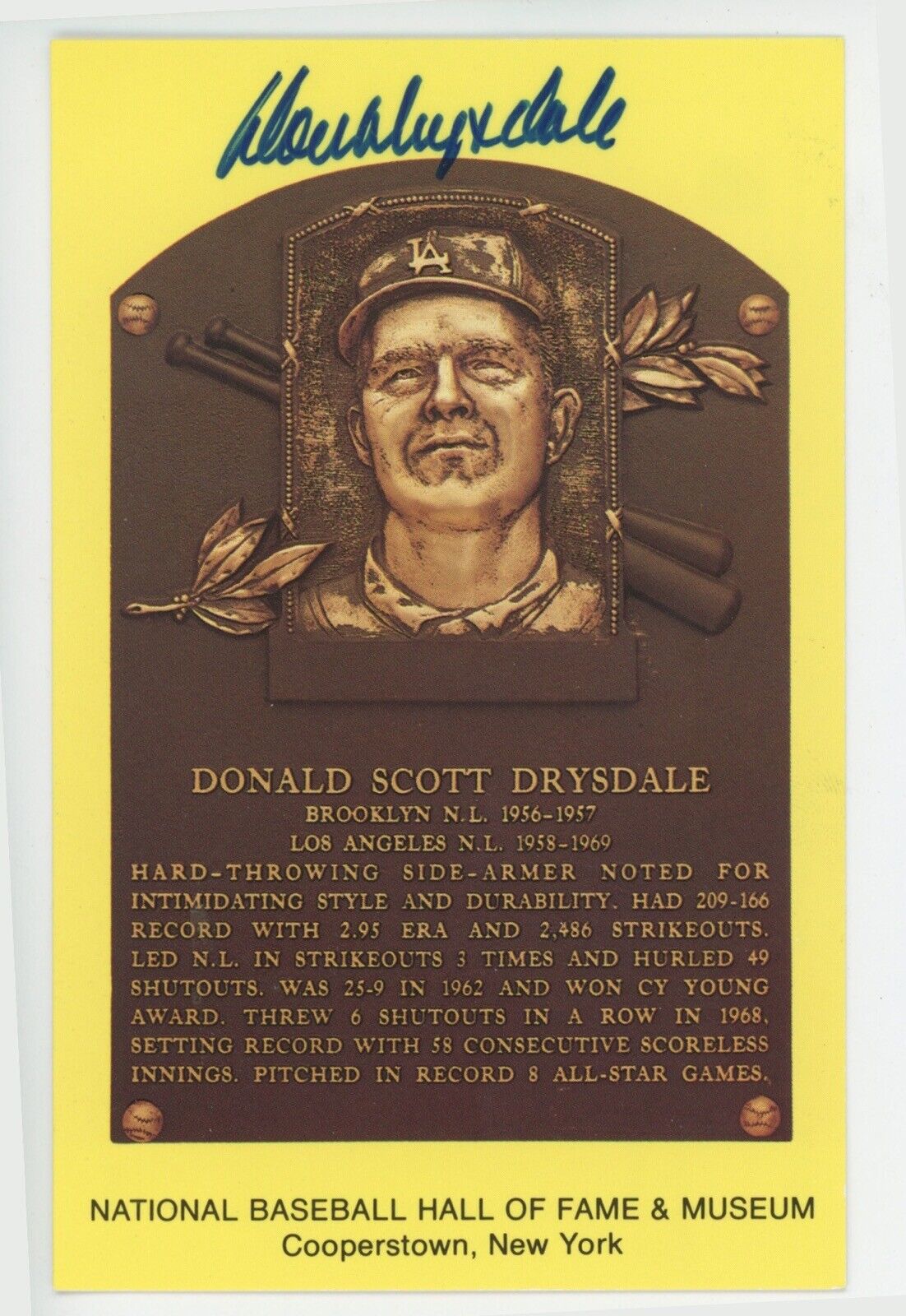 Don Drysdale Signed Yellow HOF Plaque with B&E Hologram