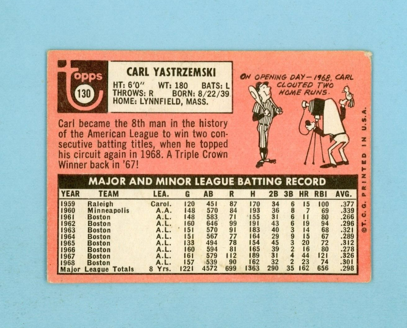 1969 Topps #130 Carl Yastrzemski Boston Red Sox Baseball Card Low Grade