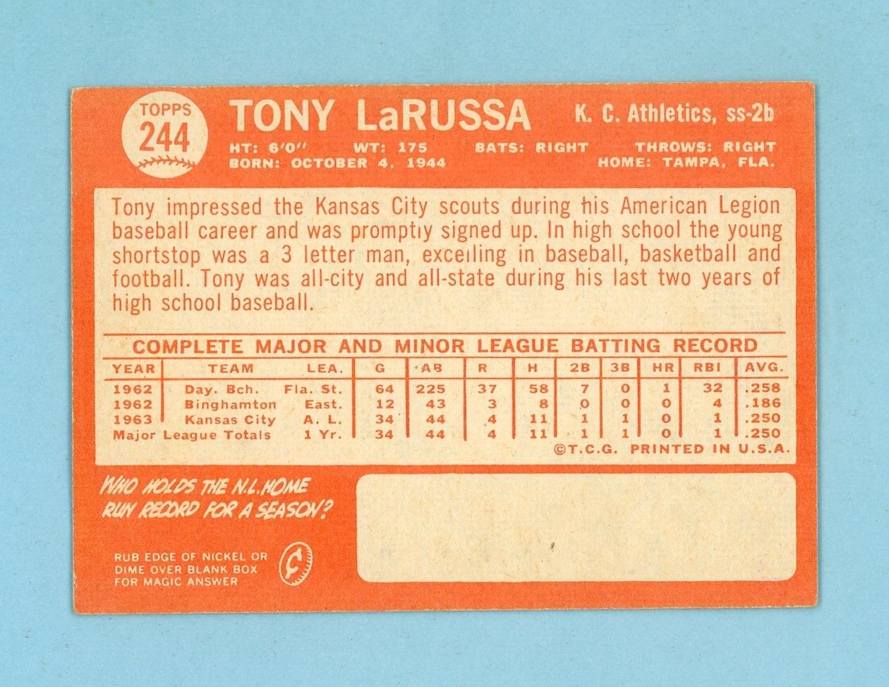 1964 Topps #244 Tony La Russa Kansas City Athletics Rookie Baseball Card EX o/c