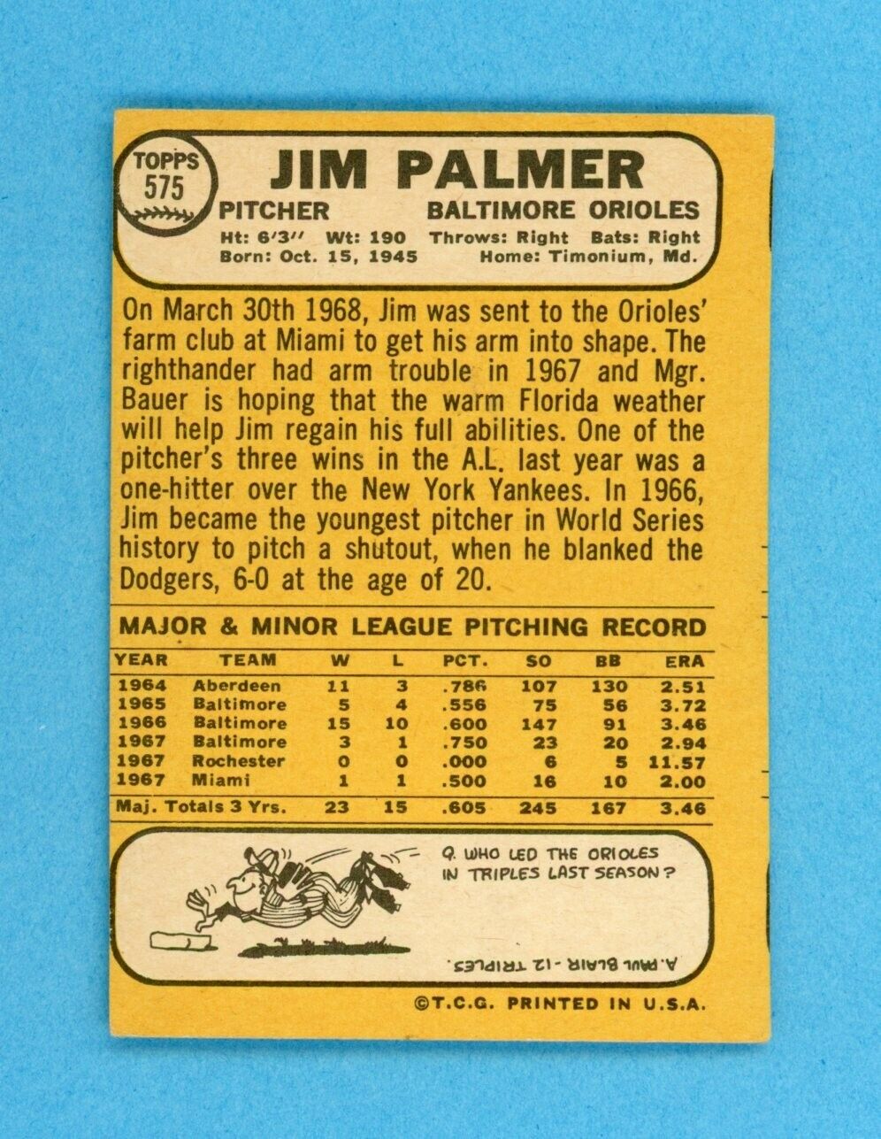 1968 Topps #575 Jim Palmer Baltimore Orioles Baseball Card EX o/c