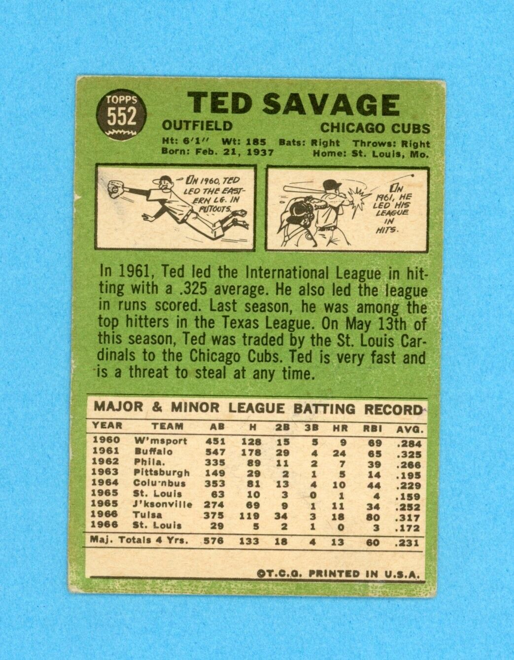 Ted Savage Signed 1967 Topps Hi# Card #552 Auto with B&E Hologram