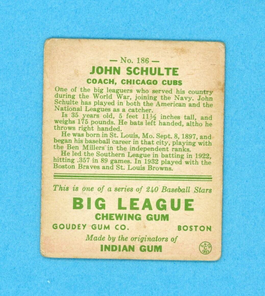 1933 Goudey #186 John Schulte Chicago Cubs Baseball Card VG mks rs