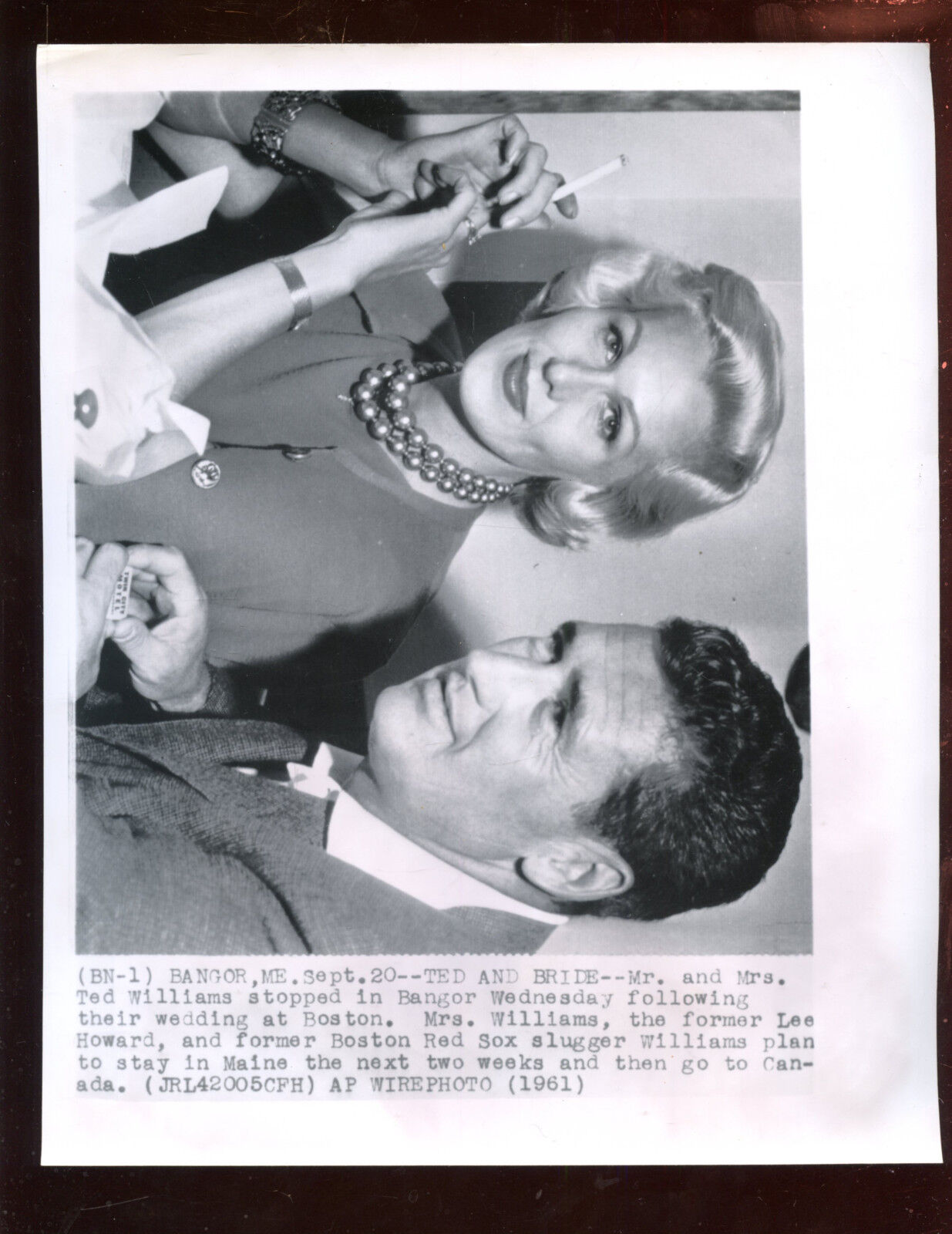 Original September 21 1961 Ted Williams & Bride Wire Photo