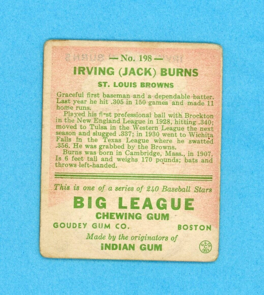 1933 Goudey #198 Jack Burns St. Louis Browns Baseball Card VG