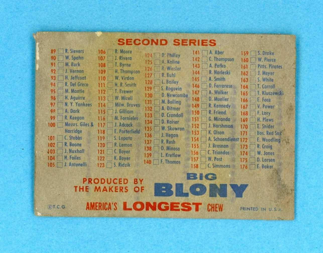 1957 Topps Check List 1/2 Series Big Blony Variation Baseball Card Low Grade